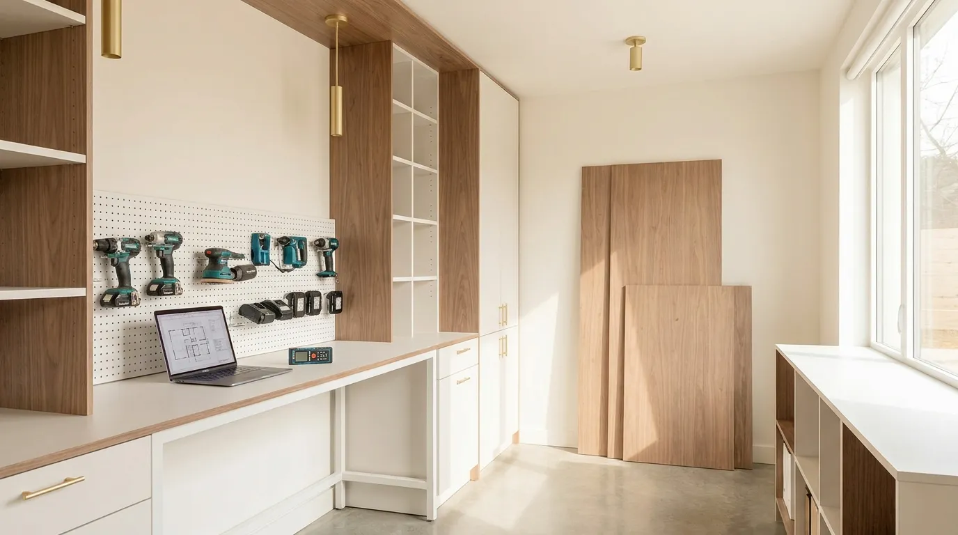 Werkstatt von A&A Profimontage mit Holz und Messwerkzeugen